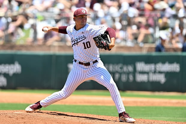 Texas A&M pitcher Chris Cortez (10) delivers a pitch during the second inning against the Oregon at Olsen Field, Blue Bell Pa