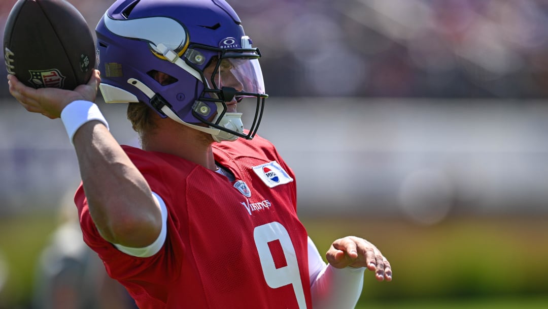 Aug 2, 2024; Eagan, MN, USA; Minnesota Vikings quarterback J.J. McCarthy (9) warms up during practice at Vikings training camp in Eagan, MN. Mandatory Credit: Jeffrey Becker-USA TODAY Sports