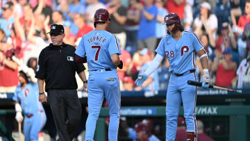 Jun 27, 2024; Philadelphia, Pennsylvania, USA; Philadelphia Phillies shortstop Trea Turner (7) advances home to score against the Miami Marlins in the first inning at Citizens Bank Park. Mandatory Credit: Kyle Ross-USA TODAY Sports