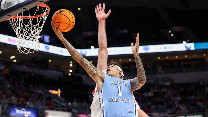 North Carolina Tar Heels guard Terrence Brown (1) goes up for a basket Sunday, Oct. 18, 2026, during the first half of an exhibition game at Gainbridge Fieldhouse in Indianapolis.