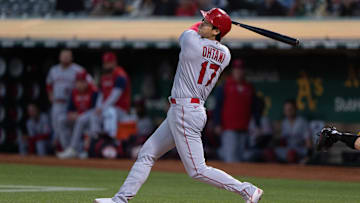 Oct 4, 2022; Oakland, California, USA;  Los Angeles Angels starting pitcher Shohei Ohtani (17) bats