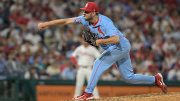 Jun 1, 2024; Philadelphia, Pennsylvania, USA;   St. Louis Cardinals pitcher Ryan Loutos (68) pitches in the eighth inning against the Philadelphia Phillies at Citizens Bank Park. Philadelphia won 6-1. Mandatory Credit: John Geliebter-Imagn Images