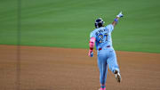 Oct 28, 2025; Los Angeles, California, USA; Toronto Blue Jays first baseman Vladimir Guerrero Jr. (27) celebrates after hitting a two run home run during the third inning against the Los Angeles Dodgers during game four of the 2025 MLB World Series at Dodger Stadium. Mandatory Credit: Kiyoshi Mio-Imagn Images
