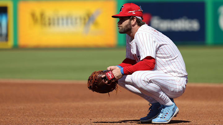 Philadelphia Phillies first baseman Harper looks on against the Boston Red Sox during the third inning at BayCare Ballpark. 