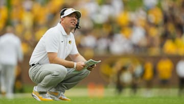Sep 21, 2024; Columbia, Missouri, USA; Missouri Tigers head coach Eliah Drinkwitz looks on during a timeout during the first half against the Vanderbilt Commodores at Faurot Field at Memorial Stadium. Mandatory Credit: Jay Biggerstaff-Imagn Images