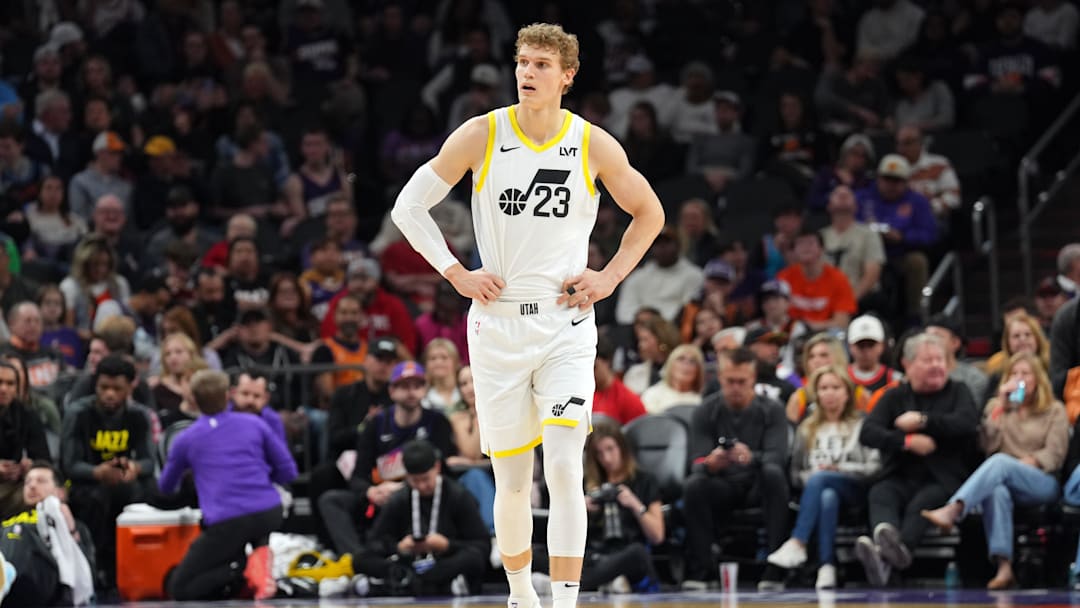 Jan 11, 2025; Phoenix, Arizona, USA; Utah Jazz forward Lauri Markkanen (23) looks on against the Phoenix Suns during the first half at Footprint Center. Mandatory Credit: Joe Camporeale-Imagn Images
