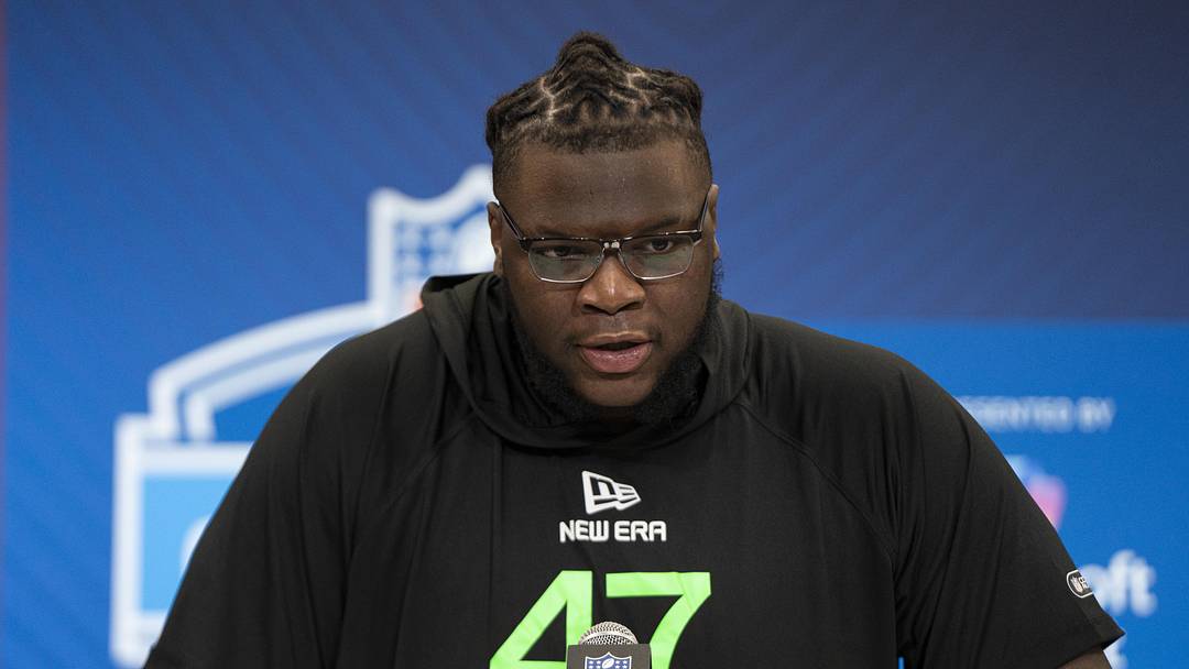 Mar 1, 2025; Indianapolis, IN, USA; University of Texas offensive lineman Cam Williams (OL47) answers questions at a press conference during the 2025 NFL Combine at Indiana Convention Center. Mandatory Credit: Jacob Musselman-Imagn Images