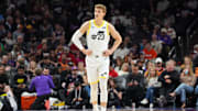 Jan 11, 2025; Phoenix, Arizona, USA; Utah Jazz forward Lauri Markkanen (23) looks on against the Phoenix Suns during the first half at Footprint Center. Mandatory Credit: Joe Camporeale-Imagn Images