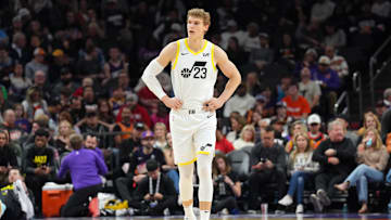 Jan 11, 2025; Phoenix, Arizona, USA; Utah Jazz forward Lauri Markkanen (23) looks on against the Phoenix Suns during the first half at Footprint Center. Mandatory Credit: Joe Camporeale-Imagn Images