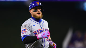 Jul 21, 2024; Miami, Florida, USA; New York Mets center fielder Harrison Bader (44) reacts after his at-bat against the Miami Marlins during the third inning at loanDepot Park.