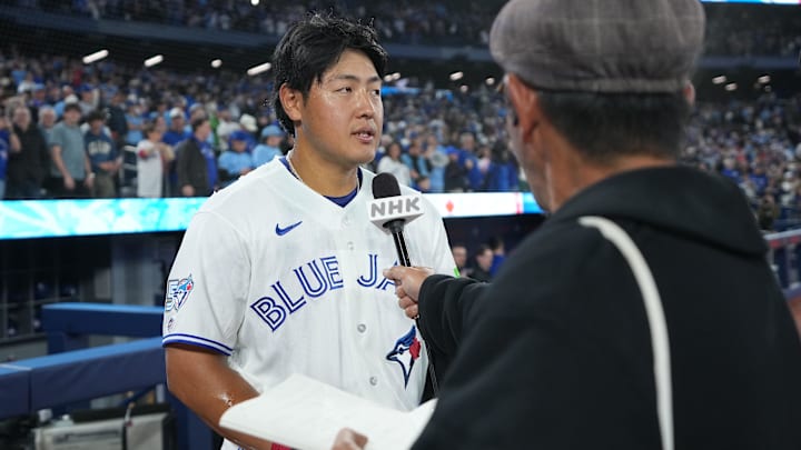 Mar 27, 2026; Toronto, Ontario, CAN; Toronto Blue Jays third baseman Kazuma Okamoto (7) speaks to the media after defeating the Athletics at Rogers Centre. Mandatory Credit: Nick Turchiaro-Imagn Images