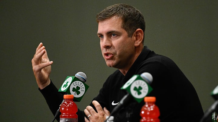 Sep 25, 2025; Boston, MA, USA;  Boston Celtics president of basketball operations Brad Stevens speaks during a press conference at the Auerbach Center. Mandatory Credit: Eric Canha-Imagn Images