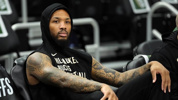 Milwaukee Bucks guard Damian Lillard (0) looks on during warmups prior to game five of the first round for the 2024 NBA playoffs against the Indiana Pacers at Fiserv Forum. 