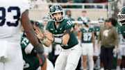 Michigan State quarterback Alessio Milivojevic awaits a snap during a game against Penn State on Saturday, Nov. 15, 2025.
