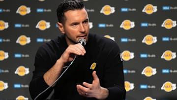 Los Angeles Lakers head coach JJ Redick talks to media members after defeating the Golden State Warriors at Chase Center.