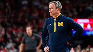 Feb 24, 2025; Lincoln, Nebraska, USA; Michigan Wolverines head coach Dusty May watches during the first half against the Nebraska Cornhuskers at Pinnacle Bank Arena. Mandatory Credit: Dylan Widger-Imagn Images