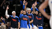 Jan 17, 2025; Dallas, Texas, USA; The Oklahoma City Thunder team bench celebrates during the second half against the Dallas Mavericks at the American Airlines Center. Mandatory Credit: Jerome Miron-Imagn Images