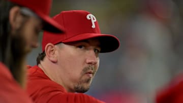 Sep 17, 2025; Los Angeles, California, USA;  Philadelphia Phillies starting pitcher Walker Buehler (31) looks on from the dugout during the game against the Los Angeles Dodgers at Dodger Stadium. Mandatory Credit: Jayne Kamin-Oncea-Imagn Images