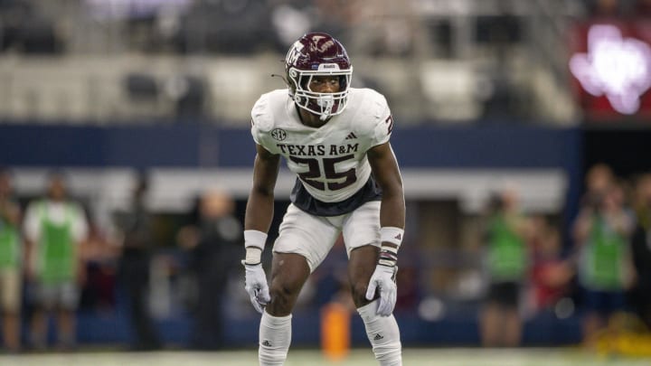 Sep 30, 2023; Arlington, Texas, USA; Texas A&M Aggies defensive back Dalton Brooks (25) In action during the game between the Texas A&M Aggies and the Arkansas Razorbacks at AT&T Stadium. Mandatory Credit: Jerome Miron-USA TODAY Sports