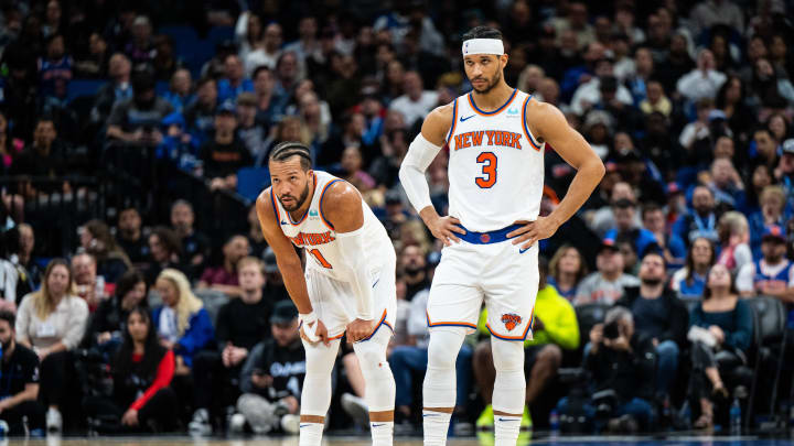 Feb 14, 2024; Orlando, Florida, USA; New York Knicks guard Jalen Brunson (11) and guard Josh Hart (3) wait for the ball against the Orlando Magic in the second quarter at KIA Center. Mandatory Credit: Jeremy Reper-USA TODAY Sports