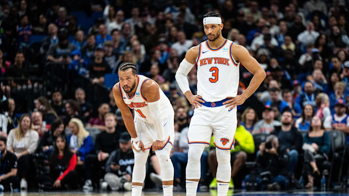 Feb 14, 2024; Orlando, Florida, USA; New York Knicks guard Jalen Brunson (11) and guard Josh Hart (3) wait for the ball against the Orlando Magic in the second quarter at KIA Center. Mandatory Credit: Jeremy Reper-Imagn Images