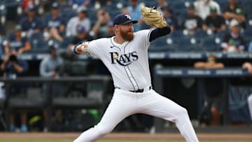 Tampa Bay Rays starting pitcher Zack Littell (52) throws a pitch against the Los Angeles Angels during the first inning at George M. Steinbrenner Field on April 10.