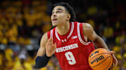 Jan 29, 2025; College Park, Maryland, USA; Wisconsin Badgers guard John Tonje (9) handles the ball during the first half against the Maryland Terrapins at Xfinity Center. Mandatory Credit: Reggie Hildred-Imagn Images