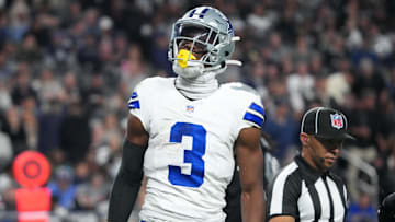 Nov 17, 2025; Paradise, Nevada, USA; Dallas Cowboys wide receiver George Pickens (3) reacts after making a catch against the Las Vegas Raiders during the second half at Allegiant Stadium. Mandatory Credit: Kirby Lee-Imagn Images