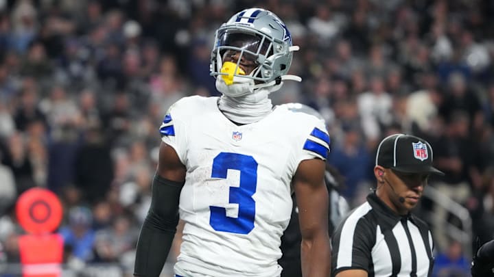 Nov 17, 2025; Paradise, Nevada, USA; Dallas Cowboys wide receiver George Pickens (3) reacts after making a catch against the Las Vegas Raiders during the second half at Allegiant Stadium. Mandatory Credit: Kirby Lee-Imagn Images