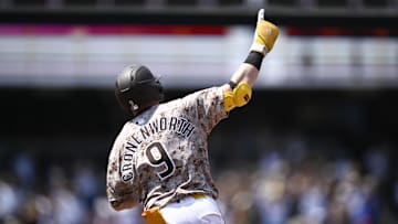 Aug 3, 2025; San Diego, California, USA; San Diego Padres second baseman Jake Cronenworth (9) celebrates after hitting a two-run home run during the fourth inning against the St. Louis Cardinals at Petco Park. Mandatory Credit: Denis Poroy-Imagn Images