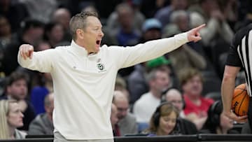 Mar 21, 2025; Seattle, WA, USA; Colorado State Rams head coach Niko Medved provides direction during the first half against Memphis Tigers at Climate Pledge Arena. Mandatory Credit: Stephen Brashear-Imagn Images