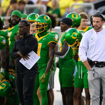 Aug 31, 2024; Eugene, Oregon, USA; Oregon Ducks head coach Dan Lanning on the sidelines during the fourth quarter against the Idaho Vandals at Autzen Stadium.