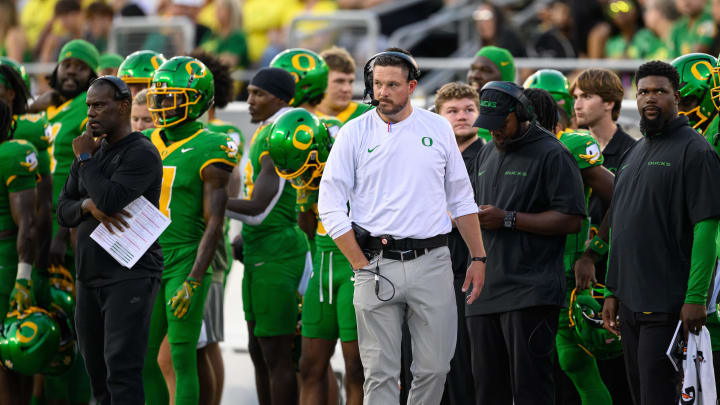 Aug 31, 2024; Eugene, Oregon, USA; Oregon Ducks head coach Dan Lanning on the sidelines during the fourth quarter against the Idaho Vandals at Autzen Stadium.