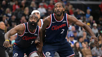 Oct 24, 2025; Inglewood, California, USA; Los Angeles Clippers guard James Harden (1) and forward Kawhi Leonard (2) Phoenix Suns forward Dillon Brooks (3) in the second half against the Phoenix Suns at Intuit Dome. Mandatory Credit: Jayne Kamin-Oncea-Imagn Images