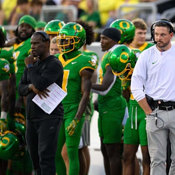 Aug 31, 2024; Eugene, Oregon, USA; Oregon Ducks head coach Dan Lanning on the sidelines during the fourth quarter against the Idaho Vandals at Autzen Stadium. Mandatory Credit: Craig Strobeck-Imagn Images