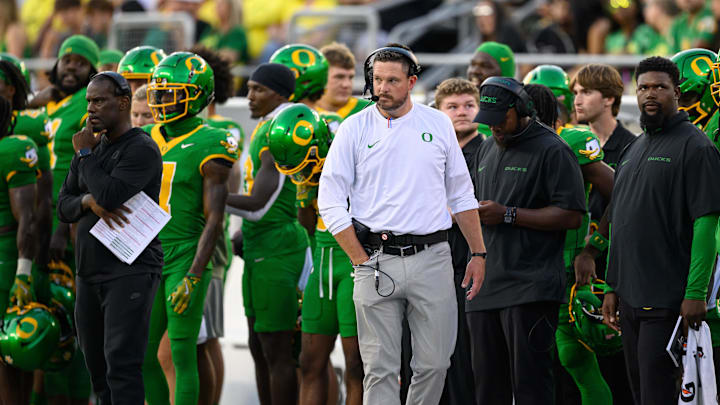 Aug 31, 2024; Eugene, Oregon, USA; Oregon Ducks head coach Dan Lanning on the sidelines during the fourth quarter against the Idaho Vandals at Autzen Stadium. Mandatory Credit: Craig Strobeck-Imagn Images