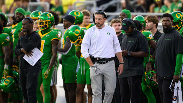 Oregon Ducks head coach Dan Lanning on the sidelines during the fourth quarter against the Idaho Vandals at Autzen Stadium.