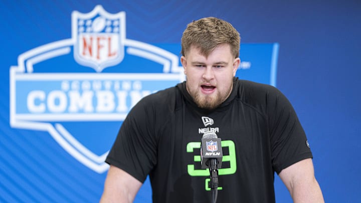 California State University-Sacramento offensive lineman Jackson Slater answers questions at a press conference during the 2025 NFL Combine.