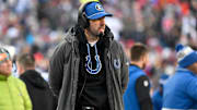 Dec 1, 2024; Foxborough, Massachusetts, USA; Indianapolis Colts head coach Shane Steichen works form the sideline during the first half against the Indianapolis Colts at Gillette Stadium. Mandatory Credit: Eric Canha-Imagn Images