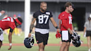 Jul 24, 2025; Houston, TX, USA; Houston Texans tight end Cade Stover (87) during training camp at Houston Methodist Training Center. Mandatory Credit: Troy Taormina-Imagn Images