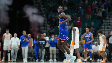 Nov 26, 2025; Las Vegas, NV, USA; Kansas Jayhawks guard Melvin Council Jr. (14) reacts after defeating the Tennessee Volunteers in the 2025 Players Era Festival third place game at MGM Grand Garden Arena. Mandatory Credit: Kirby Lee-Imagn Images