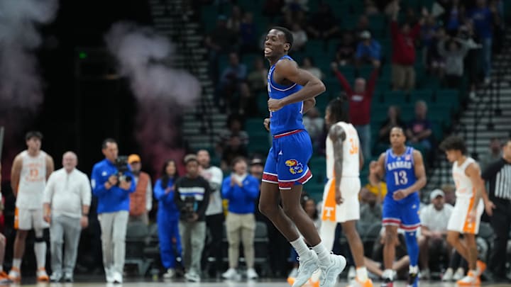 Nov 26, 2025; Las Vegas, NV, USA; Kansas Jayhawks guard Melvin Council Jr. (14) reacts after defeating the Tennessee Volunteers in the 2025 Players Era Festival third place game at MGM Grand Garden Arena. Mandatory Credit: Kirby Lee-Imagn Images