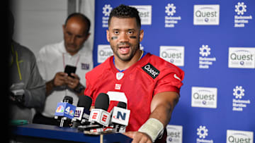 Jun 17, 2025; East Rutherford, NJ, USA; New York Giants quarterback Russell Wilson (3) speaks at a press conference during minicamp at Quest Diagnostics Training Center. Mandatory Credit: John Jones-Imagn Images