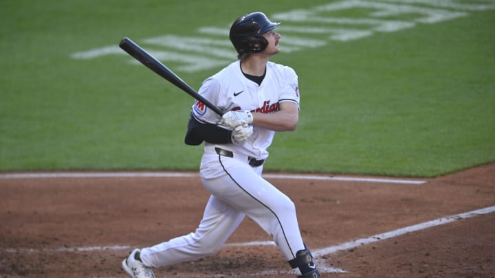 May 18, 2024; Cleveland, Ohio, USA; Cleveland Guardians designated hitter Kyle Manzardo (9) bats in the fourth inning against the Minnesota Twins at Progressive Field. Mandatory Credit: David Richard-USA TODAY Sports