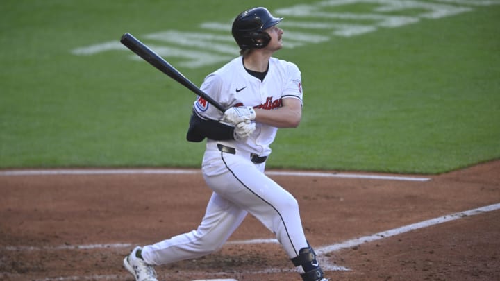 May 18, 2024; Cleveland, Ohio, USA; Cleveland Guardians designated hitter Kyle Manzardo (9) bats in the fourth inning against the Minnesota Twins at Progressive Field. Mandatory Credit: David Richard-USA TODAY Sports