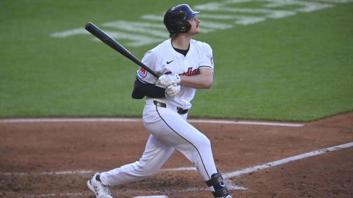 May 18, 2024; Cleveland, Ohio, USA; Cleveland Guardians designated hitter Kyle Manzardo (9) bats in the fourth inning against the Minnesota Twins at Progressive Field. Mandatory Credit: David Richard-USA TODAY Sports