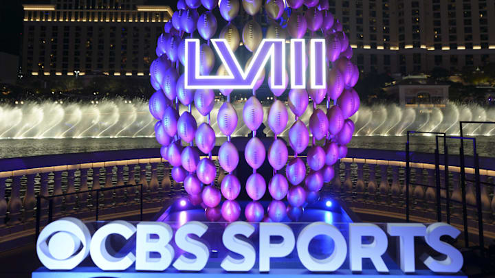 Super Bowl 58 numerals and CBS Sports logo. Mandatory Credit: Kirby Lee-Imagn Images
