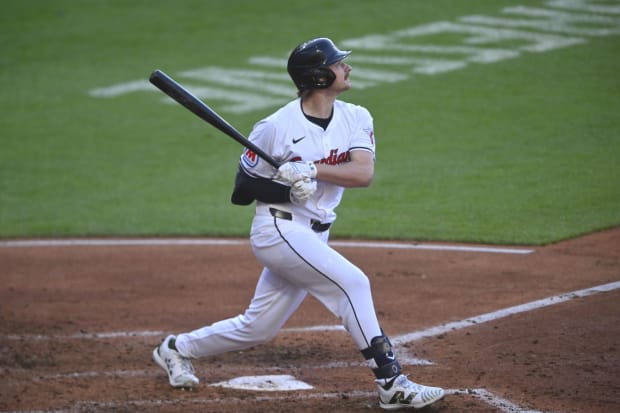 Kyle Manzardo swings at a pitch 