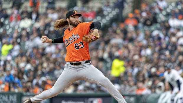 Orioles pitcher Brandon Young throws a pitch at Comerica Park in Detroit