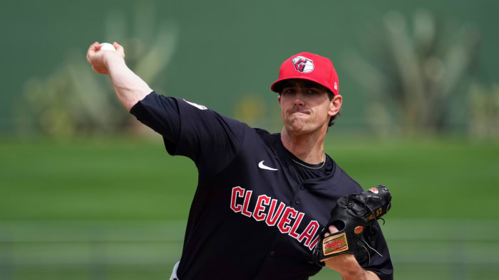 Mar 12, 2024; Surprise, Arizona, USA; Cleveland Guardians starting pitcher Shane Bieber (57) pitches.